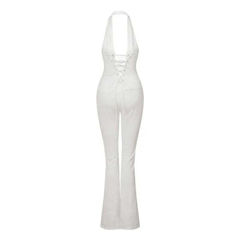 VacationGrabs Chic Women Lace Jumpsuits Halter Neck Cross Backless Sleeveless Long Rompers Summer Slim Playsuit Clubwear ropa de mujer
