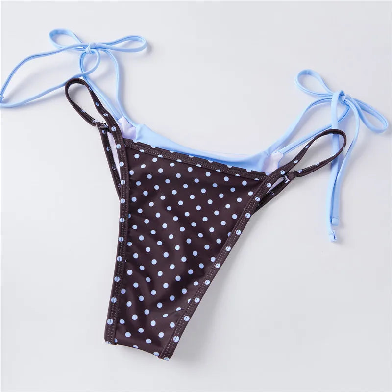 VacationGrabs Women's Double Layered Bikini Set Dot Print Halter Bra with Side Tie-up Low Waist Shorts 2 Pcs Swimsuit Beachwear