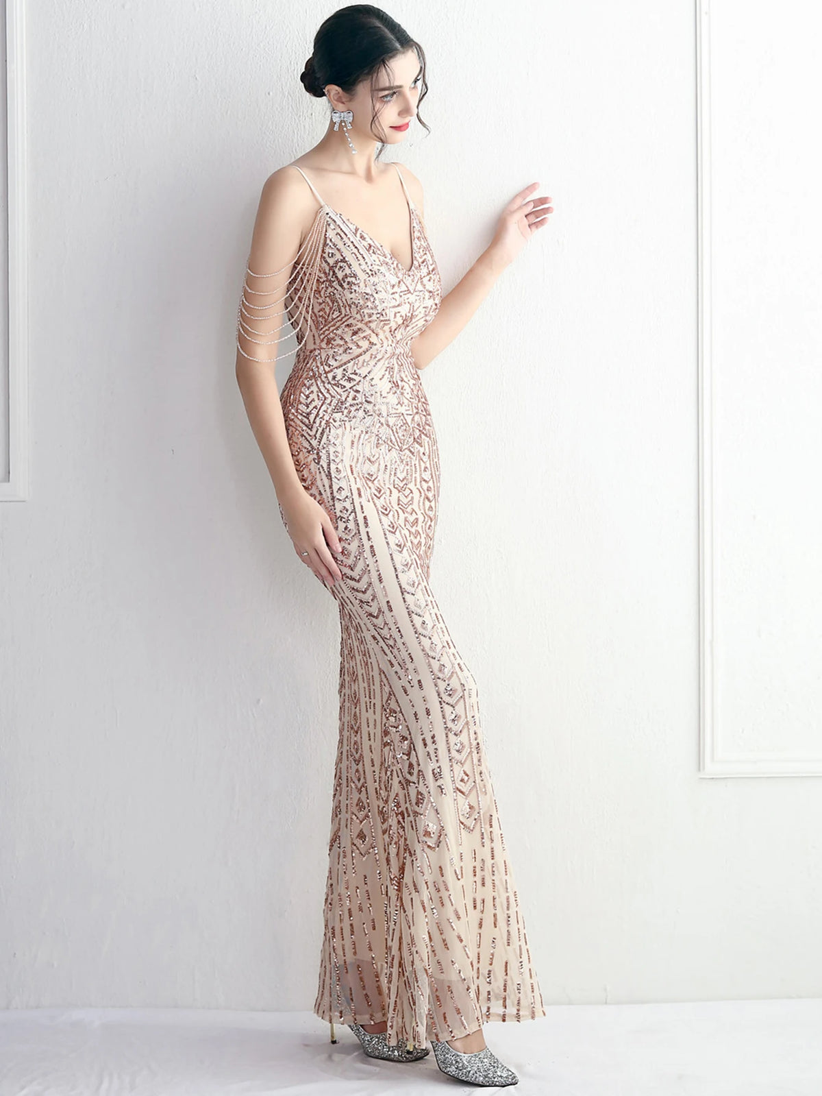 Sequin Maxi Slip Dress with V-Neck, Floor-Length Mermaid Cut