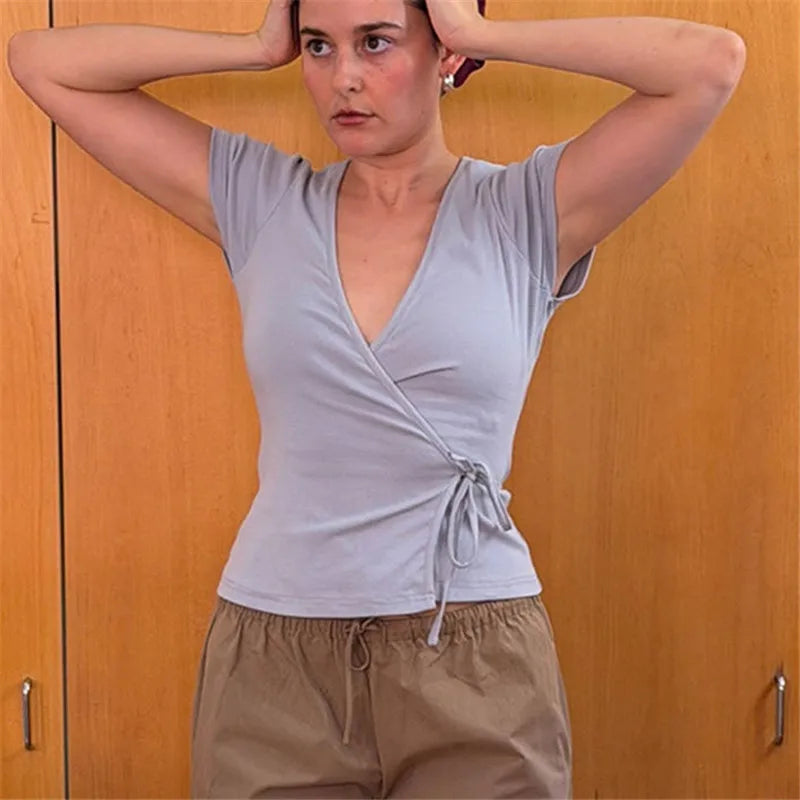 VacationGrabs Ladies Surplice Wrap V‑Neck Short Cap Sleeve T‑Shirt Side Tie Knot Fitted Cropped Top Solid Color Casual Daily Blouse