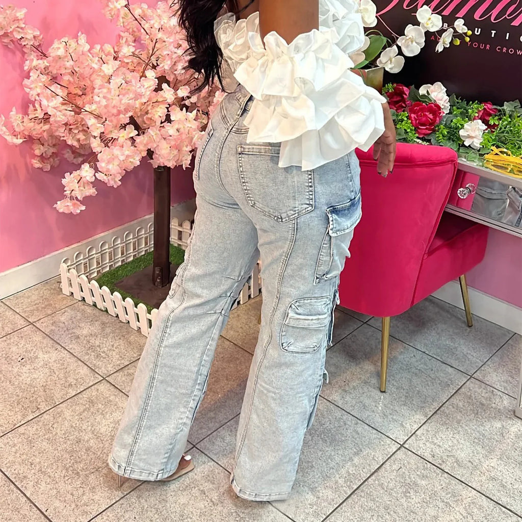 VacationGrabs Vintage Trendy Streetwear Women's Fashion Jeans Flip Up Multi Pocket Jeans Cargo Pants High Waist Washed Hiphop Jeans