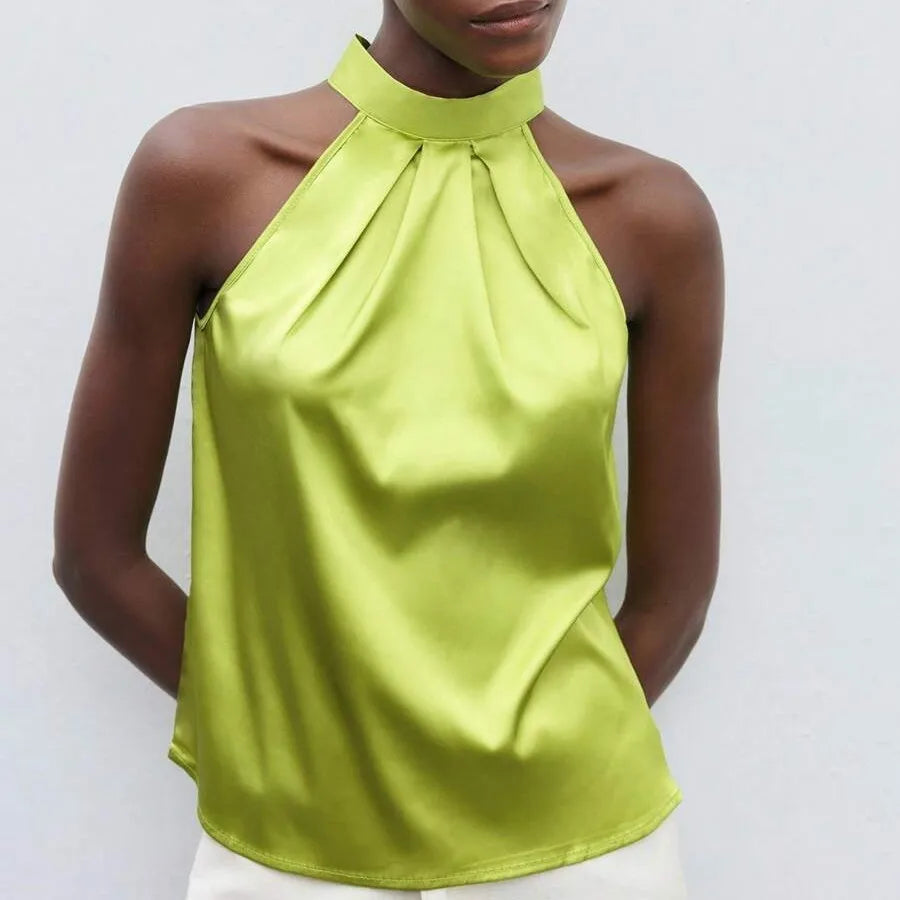 VacationGrabs Elegant Satin Halter Neck Tank Tops Women's Sleeveless Solid Color T Shirt Basic Crop Tops Fashion Summer Party Clubwear