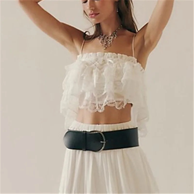Women's Lace Ruffle Cami Tops Sleeveless Spaghetti Strap Square Neck Camisole Summer Shirt Y2K Vintage Streetwear