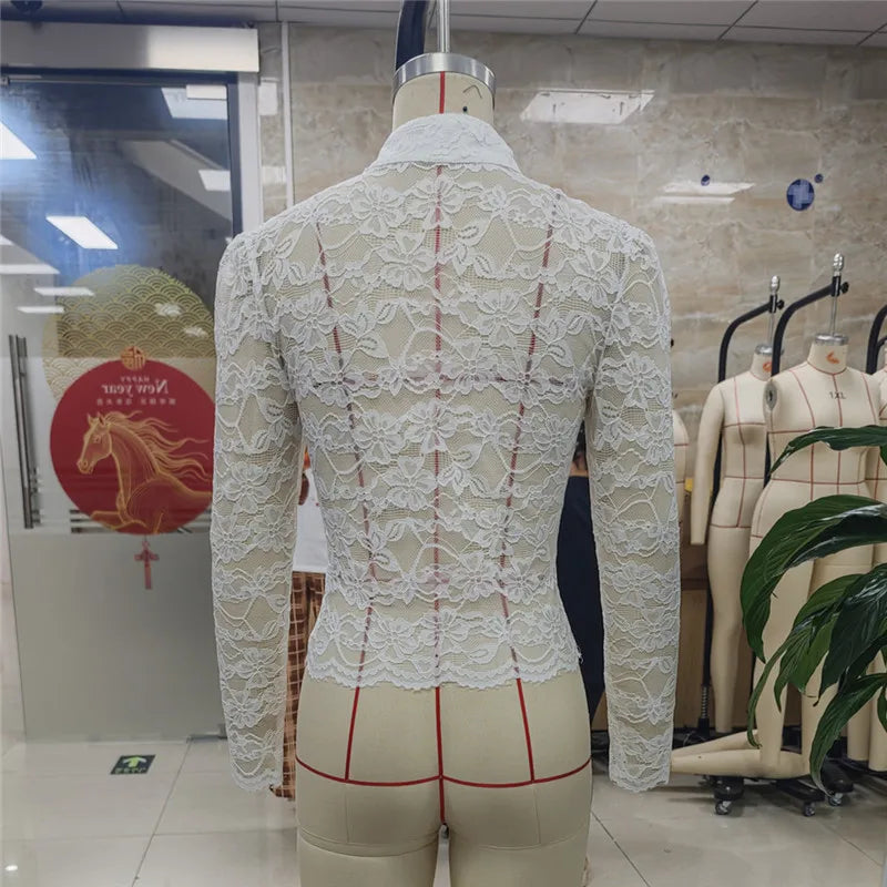 VacationGrabs Vintage Oriental Cheongsam Collar Lace Shirt Front Frog Knot Closure Scallop Hem Sheer Mesh Long Sleeve Slim Crop Top