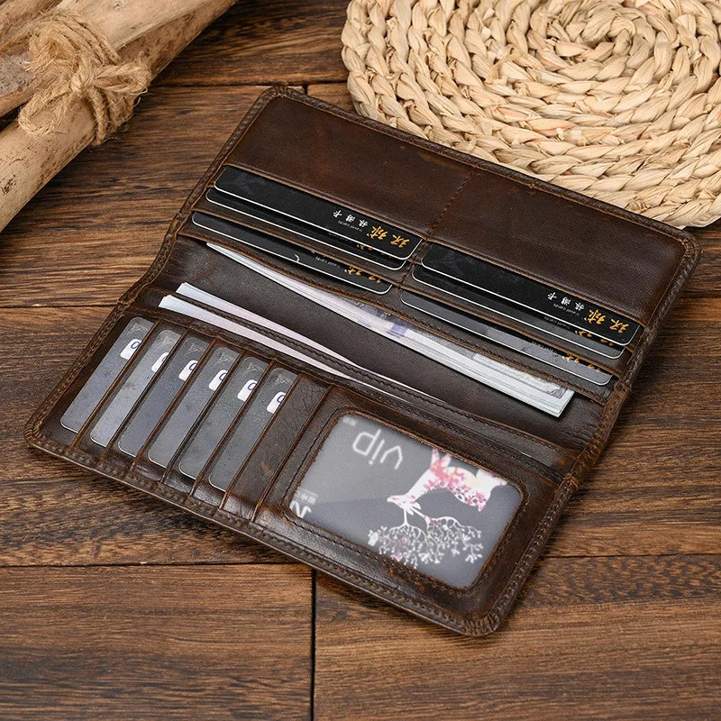 Men's Crazy Horse Long Leather Brown Wallet