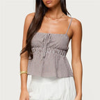 VacationGrabs Summer Gingham Cami Top for Women Sexy Tie Front Ruffle Hem Sleeveless Peplum Blouse Casual Spaghetti Strap Top