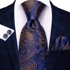 Men's navy paisley tie with matching pocket square, how to tie mens tie