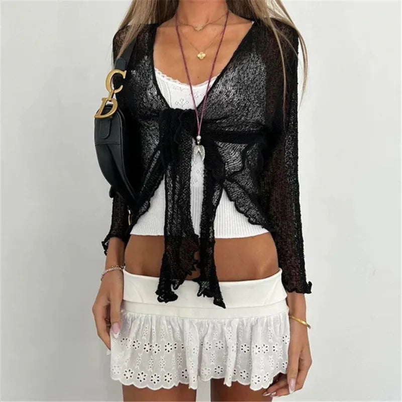 Y2K Coquette Sheer Knit Tie Front Cover Up for Women Ruffled Trim Long Sleeve Cropped Cardigan See Through Summer Streetwear