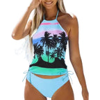 Women's Bathing Suit Drawstring Side Halter Neck Tankini - VacationGrabs