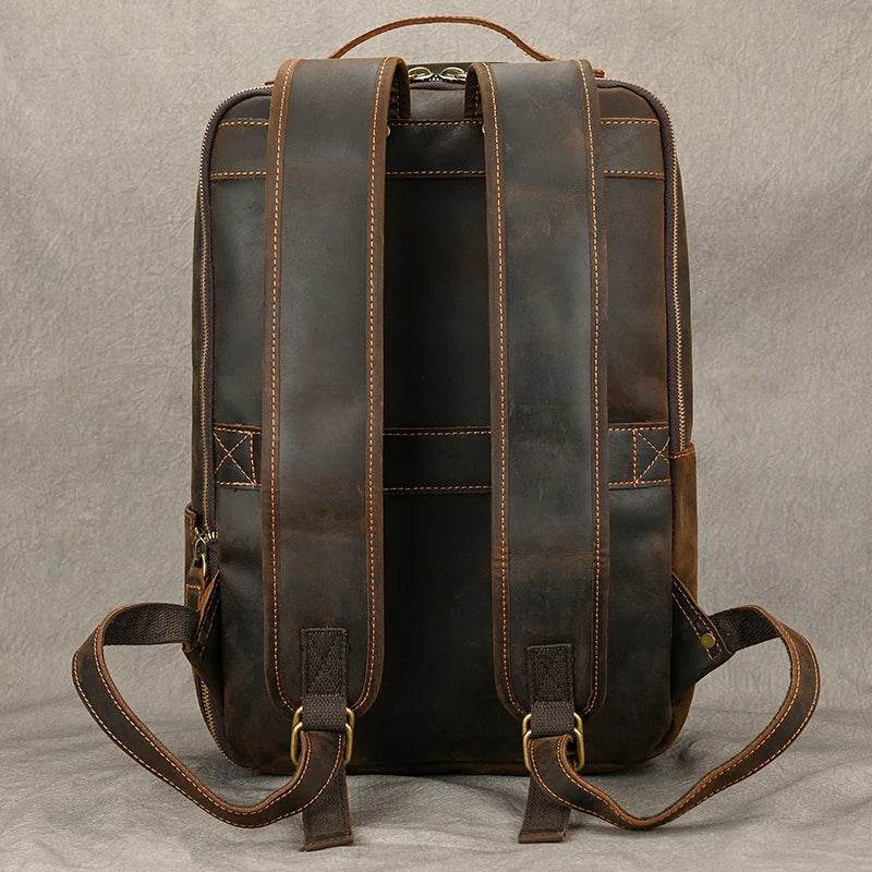 Vintage Travel Backpack Crazy Horse Leather Double Zipper Bag - VacationGrabs
