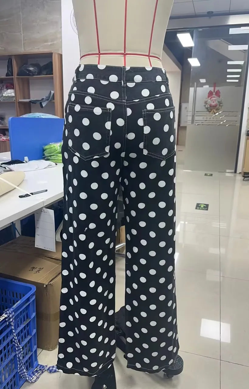 VacationGrabs Vintage American Polka Dot High Waisted Wide Leg Jeans for Women Retro Straight Leg Denim Pants Casual Streetwear