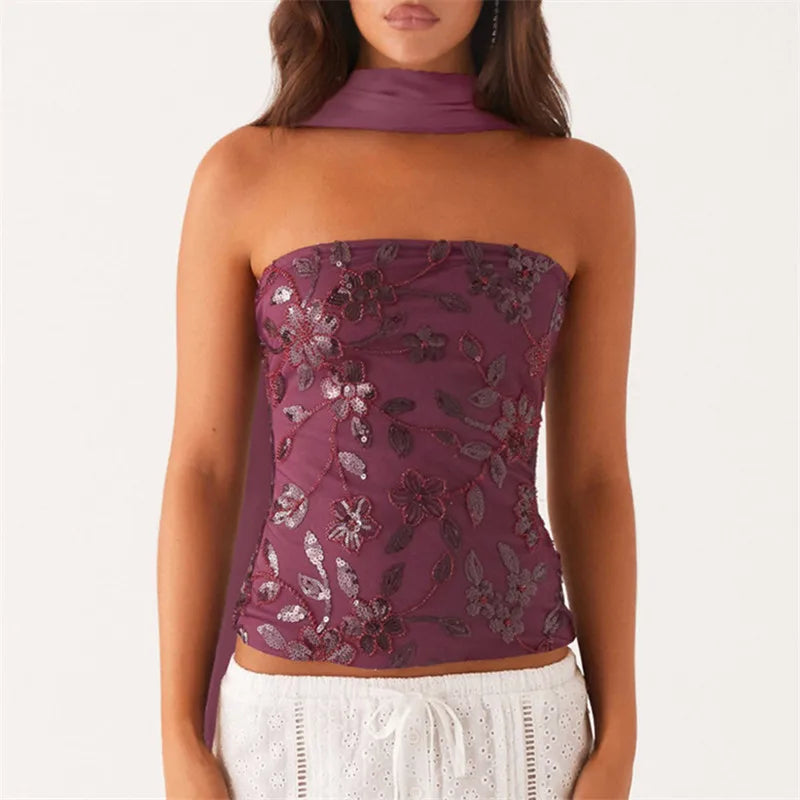 VacationGrabs Women Y2K Sequin Tube Top with Scarf Sexy Backless Pearl Embellished Beaded Cami Bling Glitter Rhinestone Camisole