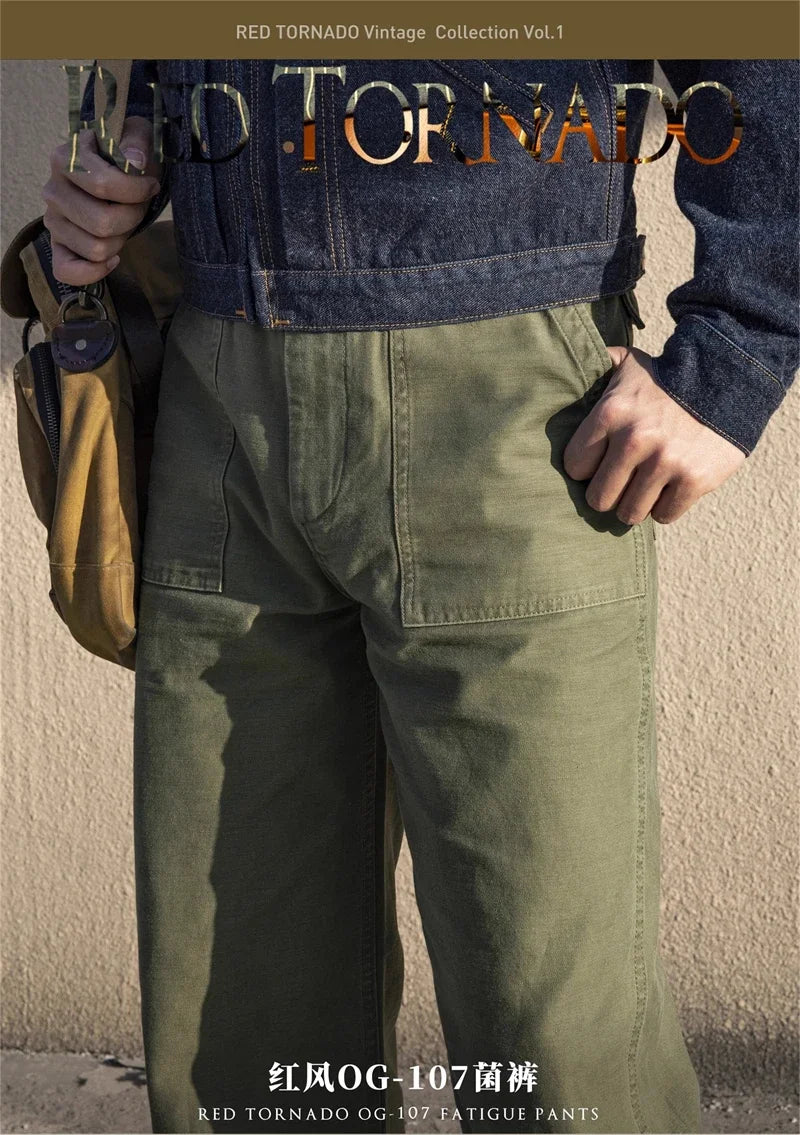 Red Tornado Army Fatigue Pants Cotton Sateen High Rise Casual Trousers Relaxed Fit