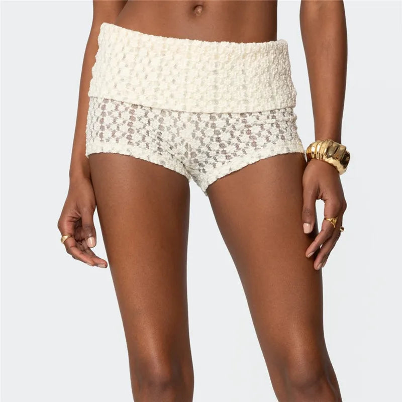 VacationGrabs Women Knitted Fold Over Shorts Slim Fit Ribbed Knit Mini Shorts Y2k Foldover Low Rise Sexy Micro Bottoms Streetwear