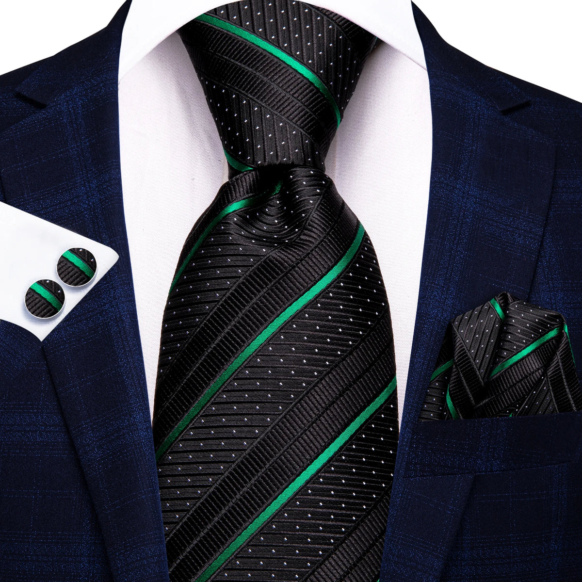 Black tie with green stripes, perfect for how to tie mens tie