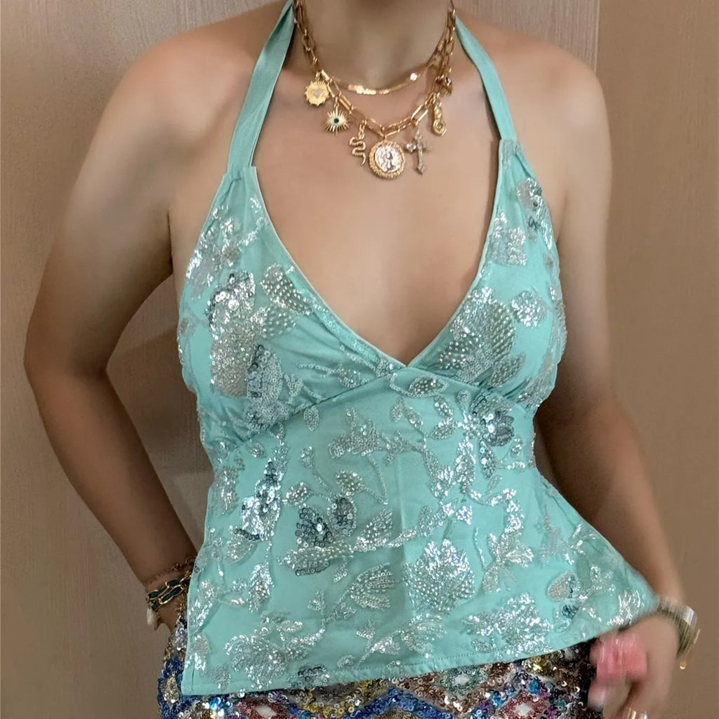Sequin Flower Halter Vests Women's Summer Chic Backless Bandage Sleeveless Tank Tops Slim Fit V-Neck Crop Tops Streetwear