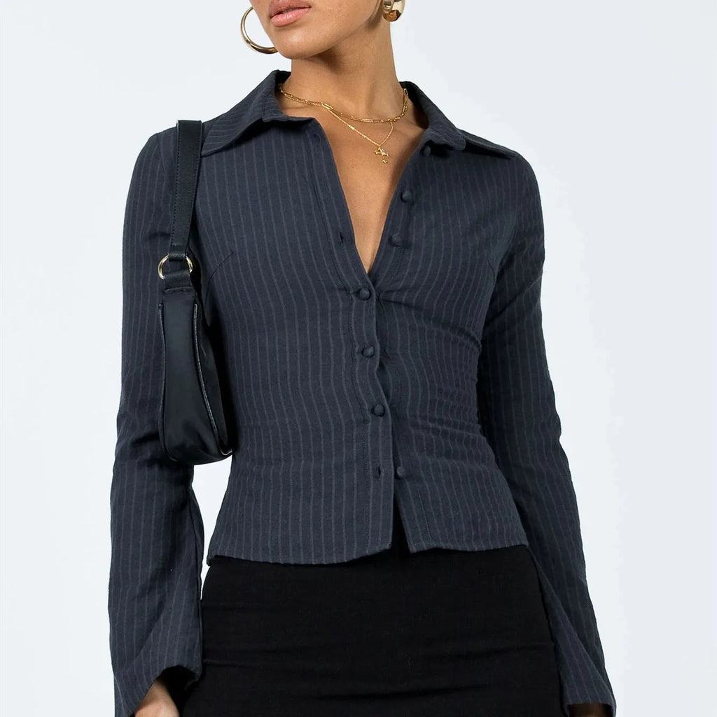 VacationGrabs Women Y2k Button Down Shirts Casual Long Sleeve V Neck Collared Slim Fit Crop Top E-Girls Coquette Vintage Blouse