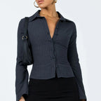 VacationGrabs Women Y2k Button Down Shirts Casual Long Sleeve V Neck Collared Slim Fit Crop Top E-Girls Coquette Vintage Blouse