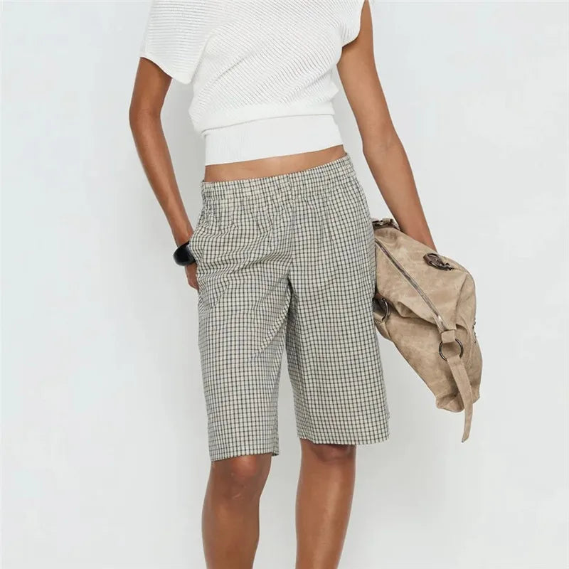 VacationGrabs Vintage Plaid Check Bermuda Shorts Elastic Waist Loose Knee Length Trousers For Women Casual Summer Streetwear DailyWear