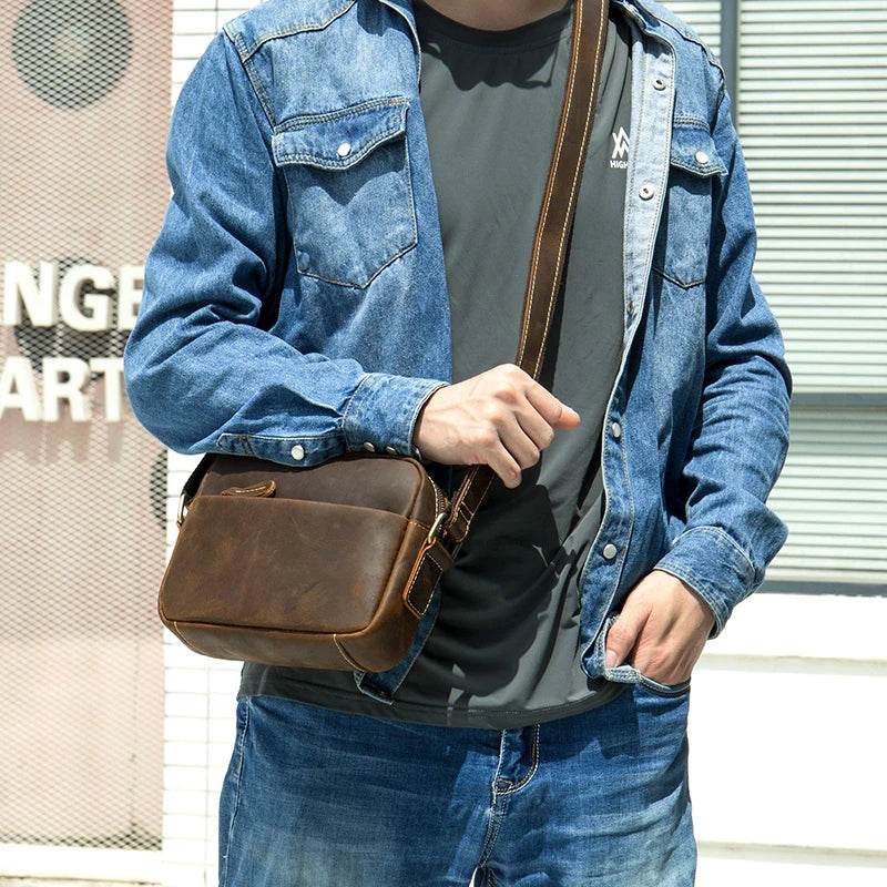 Men's Crazy Horse Leather Crossbody Bag – Retro Messenger Sling - VacationGrabs