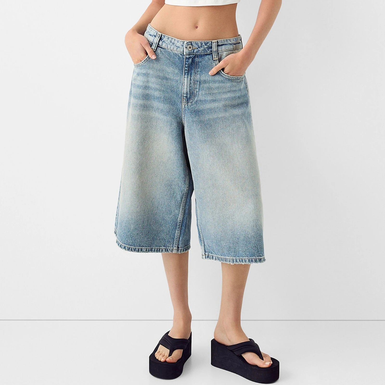 VacationGrabs Women Long Baggy Jean Shorts Y2k Vintage Straight Leg Casual Knee Length Denim Bermuda Shorts Jorts with Pockets