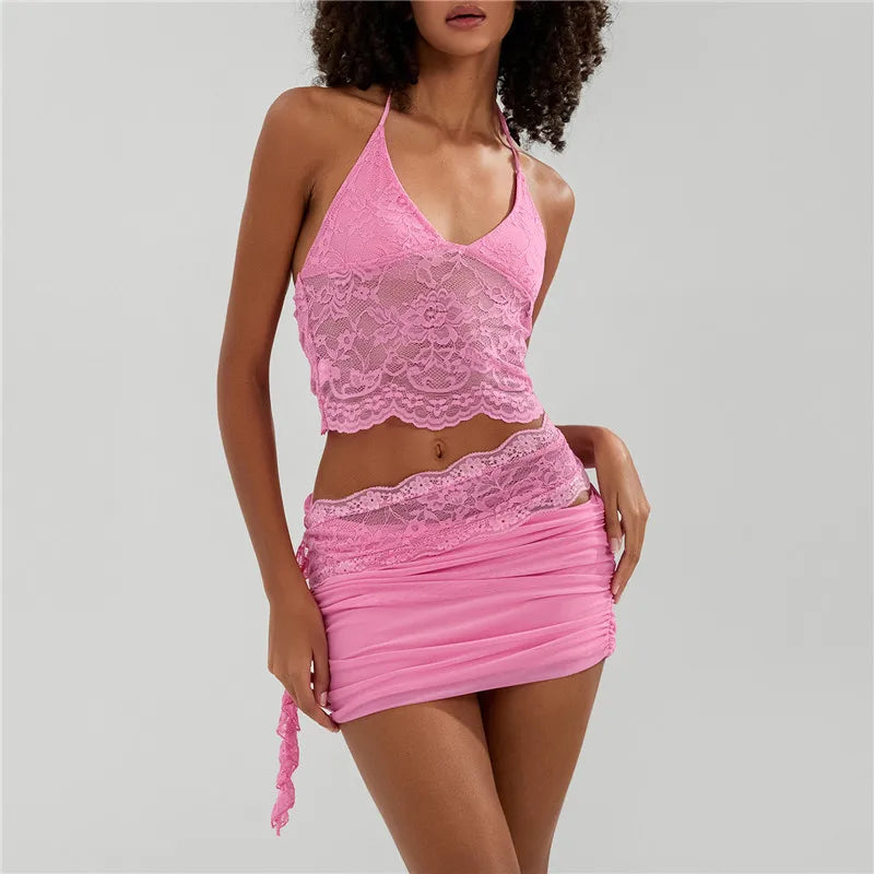 Pink Lace Two Piece Set | Strapless Top & Mini Skirt