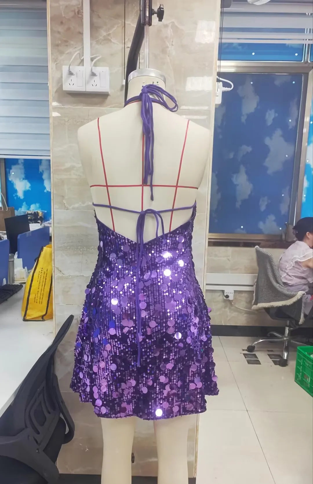 VacationGrabs Women Halter Backless Sequin Mini Dress Glitter Paillette Tie Up Short Dress Club Party Sparkly Cocktail Evening Dresses