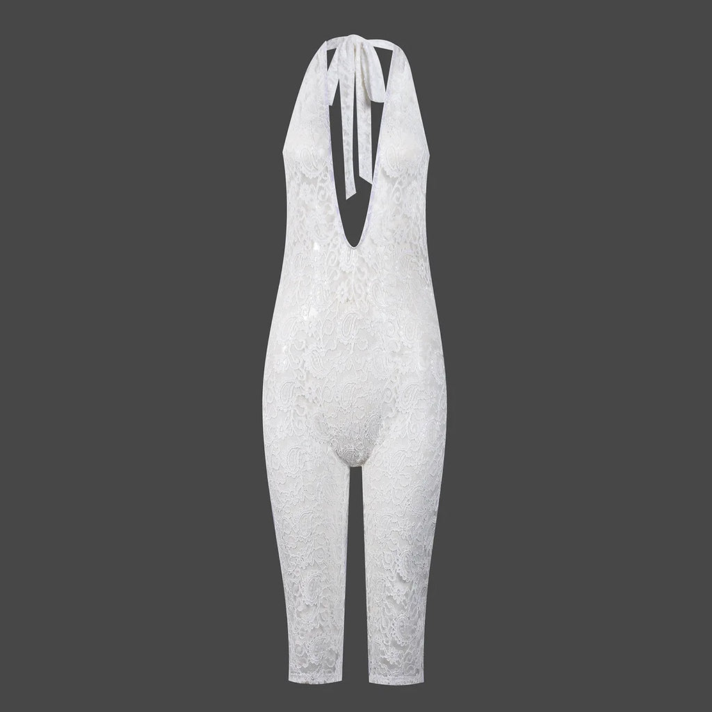 VacationGrabs Chic Women Sheer See Through Capri Bodysuit Lingerie Halter V Neck Sleeveless Open Back Slim Fit Lace Jumpsuit Romper