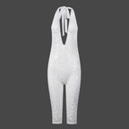 VacationGrabs Chic Women Sheer See Through Capri Bodysuit Lingerie Halter V Neck Sleeveless Open Back Slim Fit Lace Jumpsuit Romper