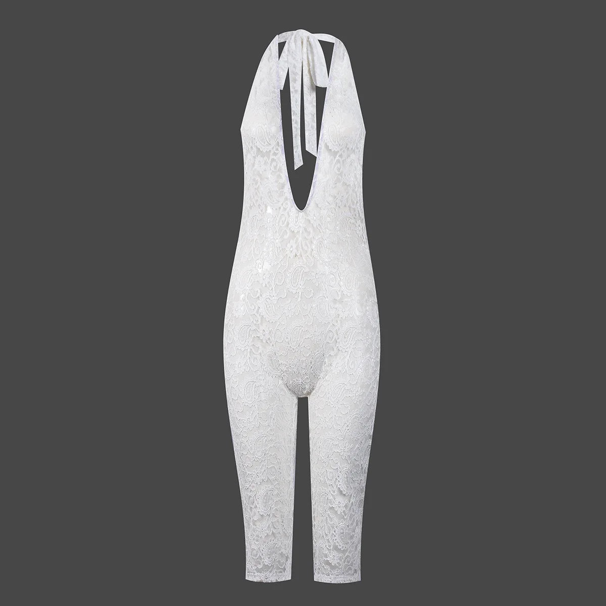 VacationGrabs Chic Women Sheer See Through Capri Bodysuit Lingerie Halter V Neck Sleeveless Open Back Slim Fit Lace Jumpsuit Romper