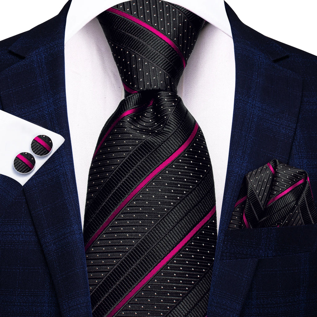 Men's black silk tie with purple stripes, perfect for formal events, how to tie mens tie
