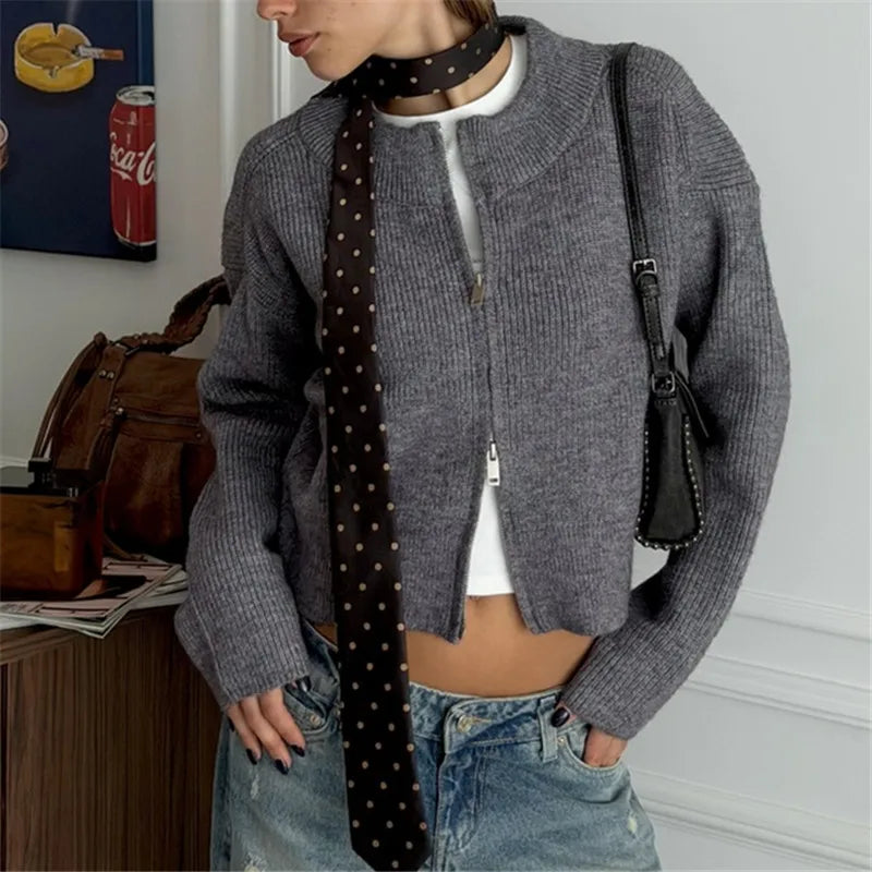 VacationGrabs Women Ribbed Knit Cropped Zip Up Cardigan Crew Neck Double Zipper Long Sleeve Loose Fuzzy Sweater Jacket for Winter