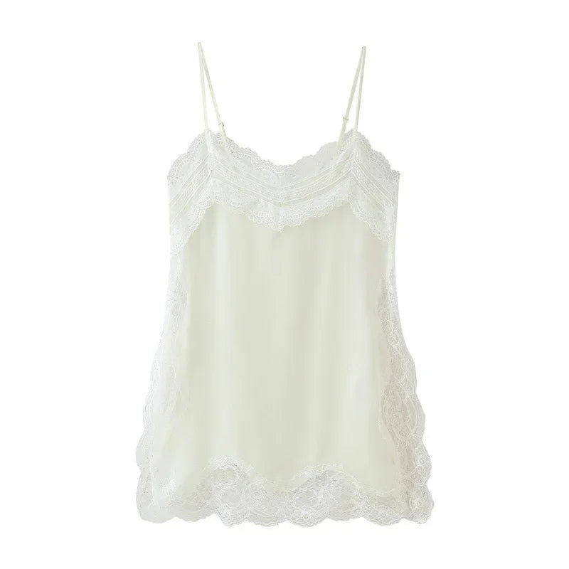 VacationGrabs Women Lace Trim Satin High Low Tops Silk Spaghetti Strap Side Split Asymmetrical Cami Top Flowy Silky Layering Tops