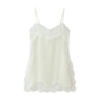 VacationGrabs Women Lace Trim Satin High Low Tops Silk Spaghetti Strap Side Split Asymmetrical Cami Top Flowy Silky Layering Tops
