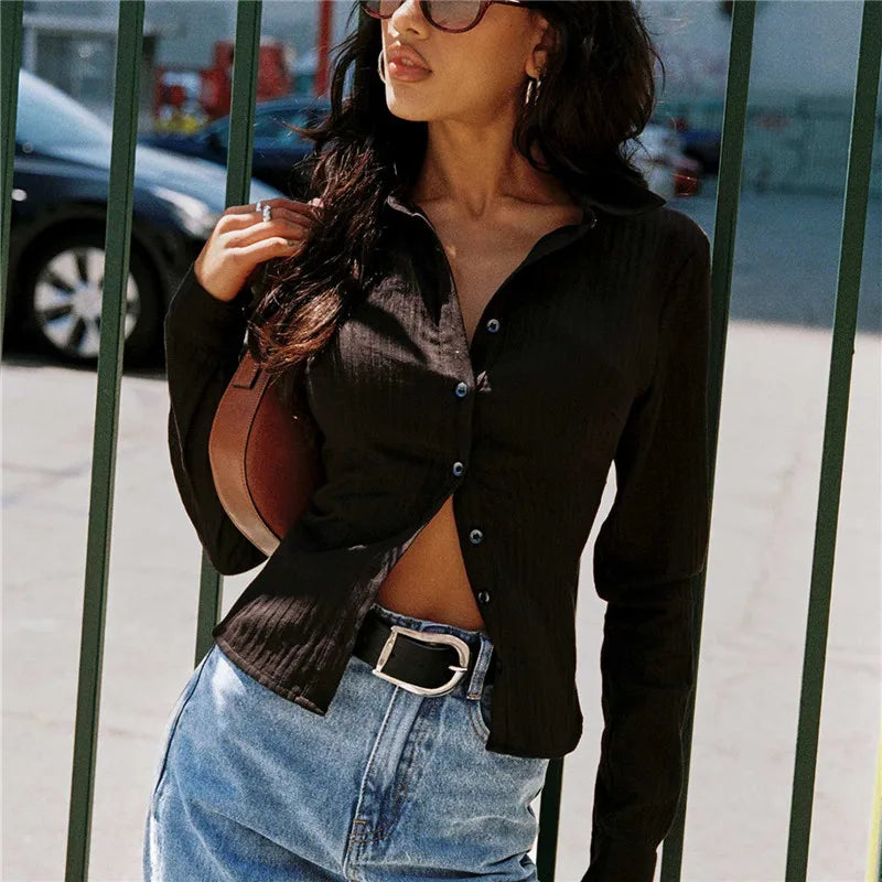 VacationGrabs Women Stripe Shirts Blouse Fashion Long Sleeve Laple Button Down Slim Fit Tops Office Ladies Streetwear for Casual Daily