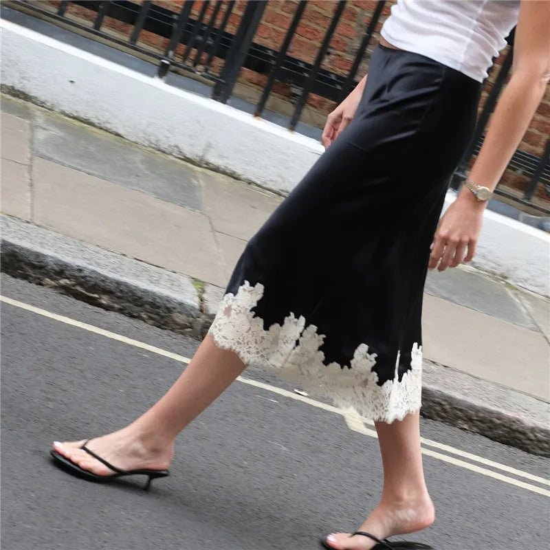 VacationGrabs Women Satin Floral Lace Trim Maxi Skirts Flowy Swing Silky A Line Skirt Y2k Going Out Half Slip Long Skirts