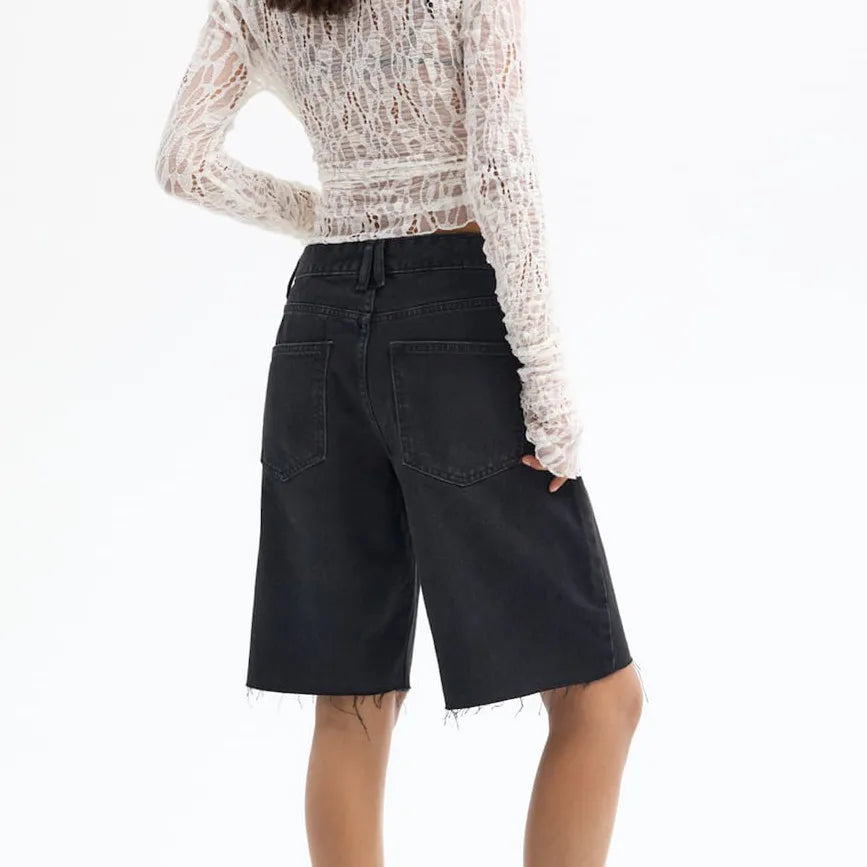 Y2k Loose Denim Bermuda Shorts for Women Low Rise Wide Leg Knee Length Oversized Fit Summer Jeans Shorts