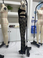 VacationGrabs Women Sexy See Through Long Pant Jumpsuit Chic Deep V Neck Floral Lace Romper Cut Out Mesh Outfits Playsuit Streetwear