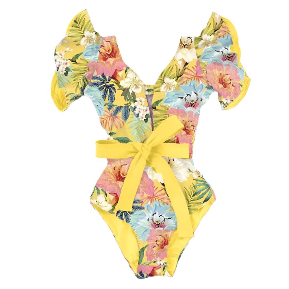 Women's Ruffle Sleeve Deep-V Bathing Suit - VacationGrabs
