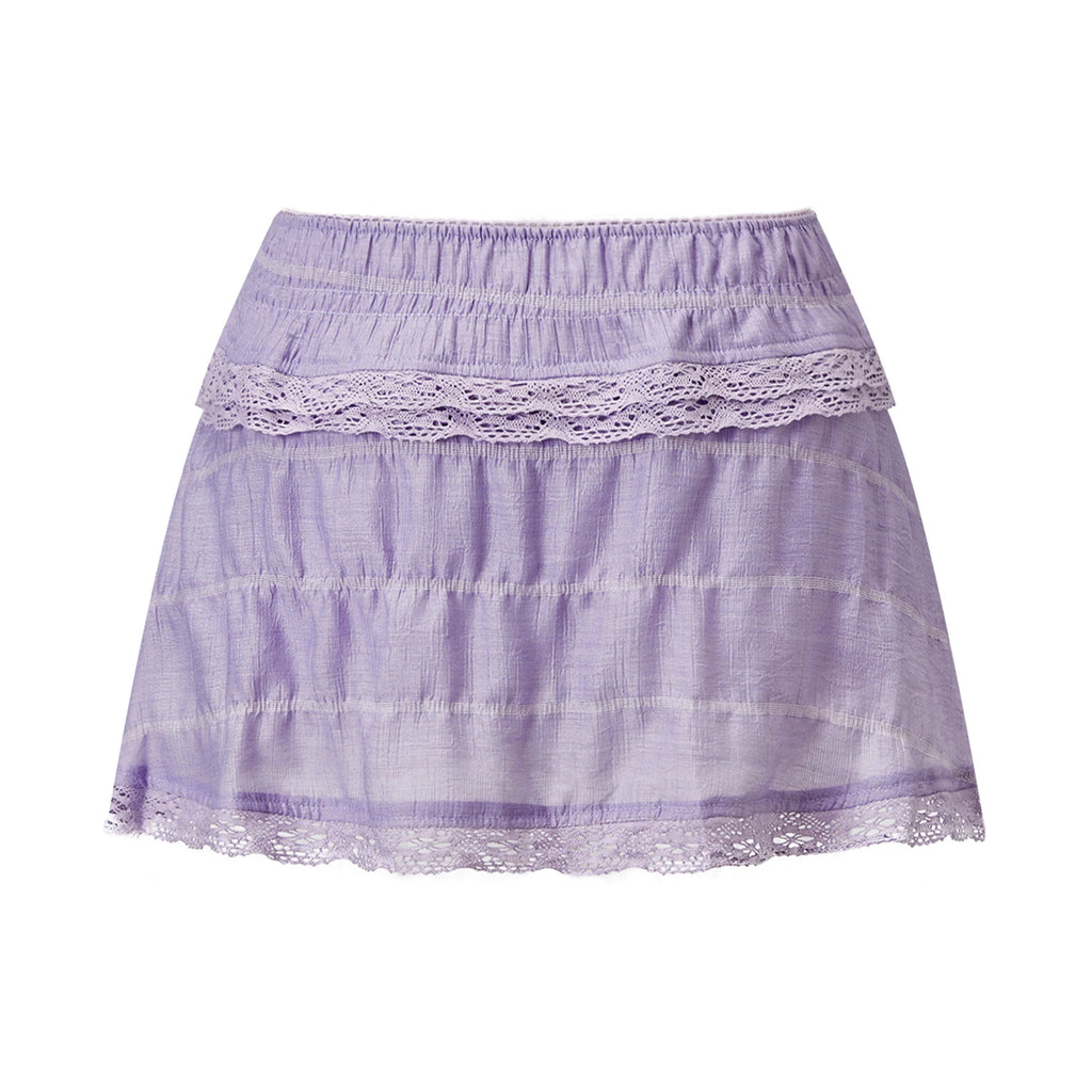 VacationGrabs Women Lace Ruffle Tiered Mini Skort Elastic Waist Low Rise Flowy Micro Skirt Y2K Summer Casual Skirt With Inner Shorts