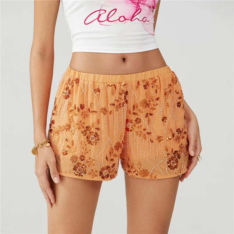 VacationGrabs Women Sequin Mini Shorts Y2K Low Rise Sparkle Floral Bead Embellished Bottoms Teen Girls Cute Summer Trendy Shorts