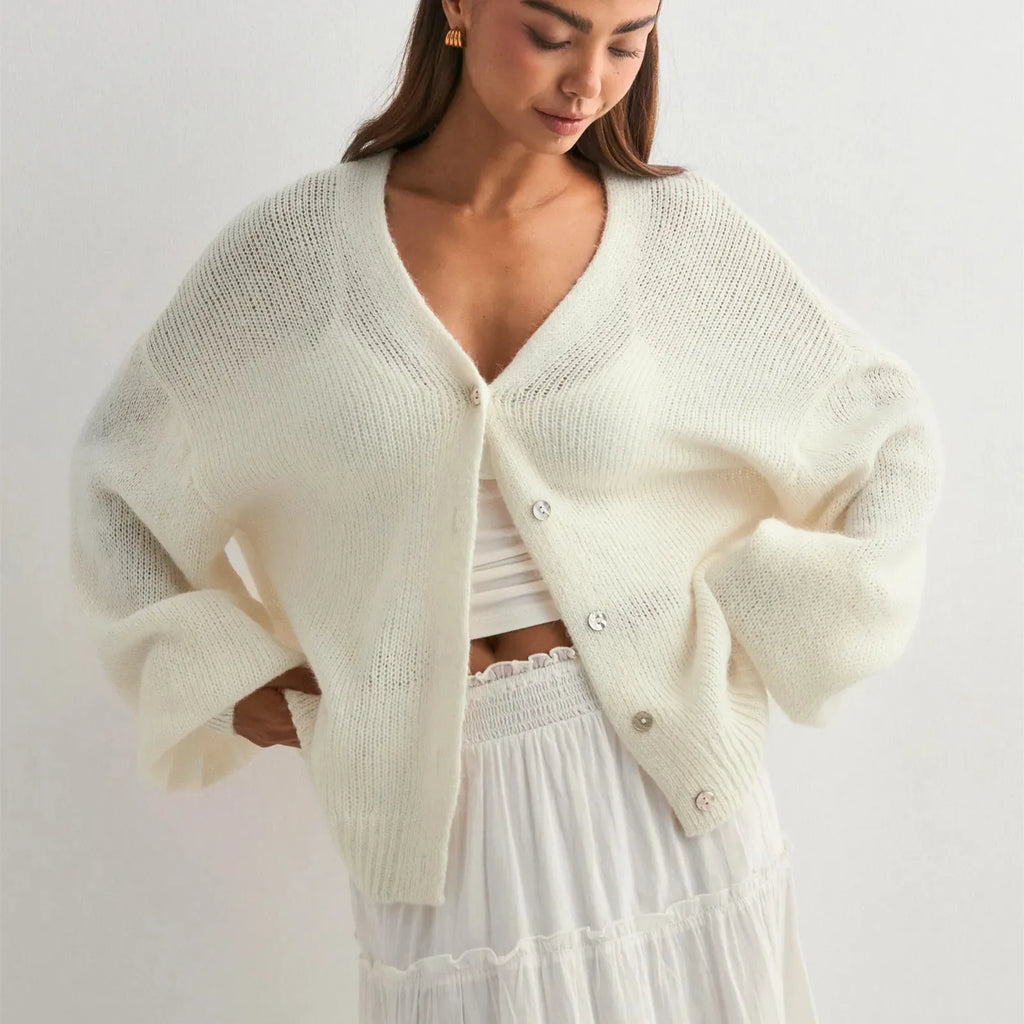 VacationGrabs Women's Solid Color Knit Cardigan Autumn V-Neck Fuzzy Long Sleeve Button Front Closure Sweaters Winter Casual Knitwear
