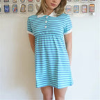 Women Y2K Preppy Striped Turn Down Collar Dress Short Sleeve Color Block A Line Mini Dress Vacation Summer Casual Streetwear