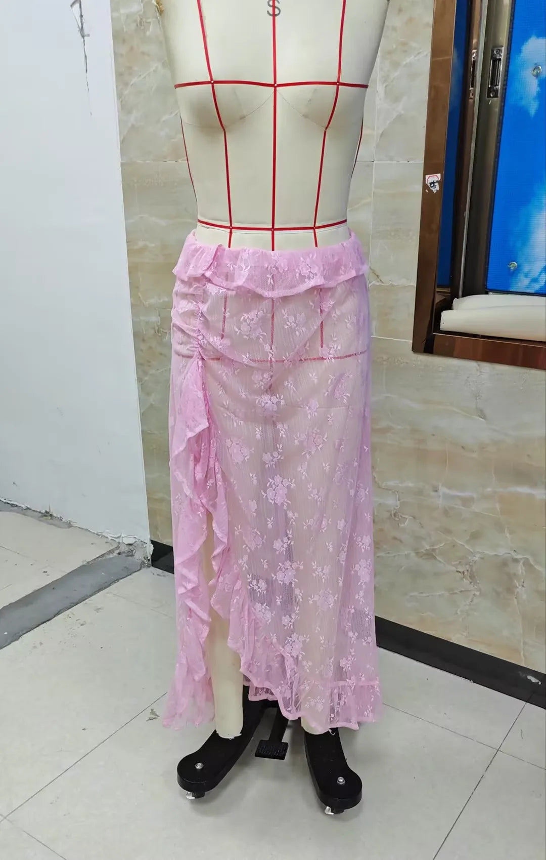 VacationGrabs Women Asymmetrical Lace Flowy Skirt Vintage Long Skirts High Waist Ruffle Midi Aesthetic Ladies See Through Beach Skirts