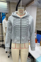 VacationGrabs Women Cropped Zip Up Hoodie Metallic Braided Embroidery Long Sleeve Ribbed Hem Y2K Streetwear Short Hooded Sweatshirt