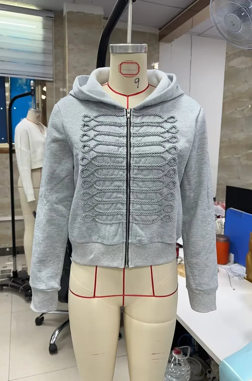 VacationGrabs Women Cropped Zip Up Hoodie Metallic Braided Embroidery Long Sleeve Ribbed Hem Y2K Streetwear Short Hooded Sweatshirt