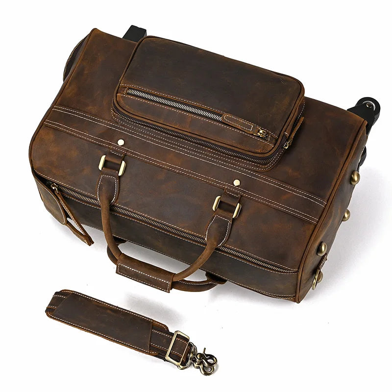 Rolling Genuine leather hand luggage travel bag with wheels