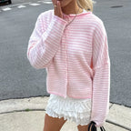 Y2K Crew Neck Open Front Button Down Long Sleeve Knit Sweaters Womens Striped Cardigan Sweater Casual Winter Fall Outerwear