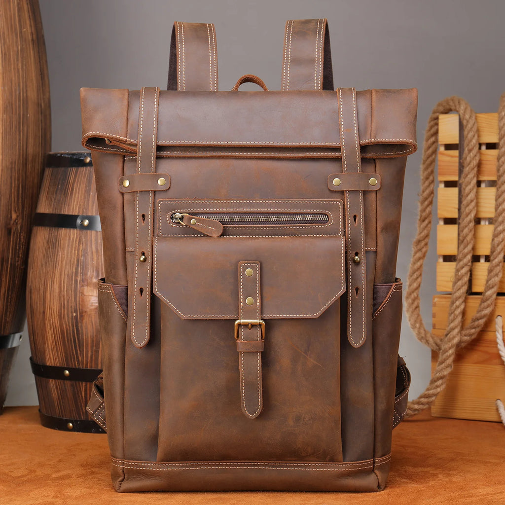 Retro Genuine Leather Double-Shoulder Backpack - European Retro Style