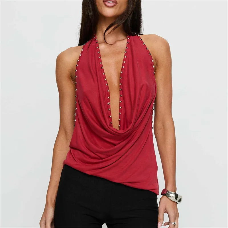Chic Women Rivet Cowl Neck Halter Top Y2K Rave Studded Draped Front Backless Tank Top Ruched Open Back Party Clubwear